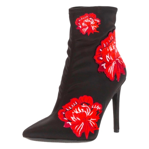 JESSICA SIMPSON BLACK SATIN JS PELANNA BOOT  RED ROSE APPLIQUÉ PULL ON SIZE 9.5M - Picture 5 of 7